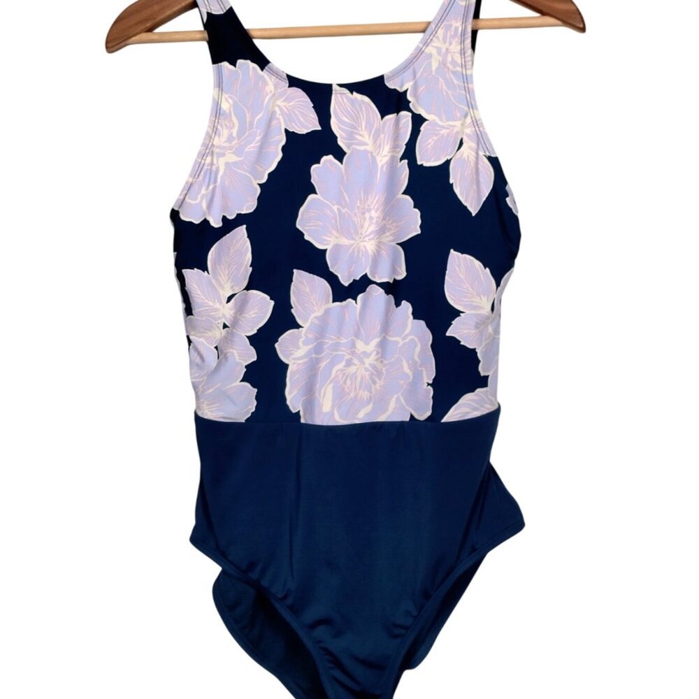 Catalina Swimwear Bathing Suit One Piece Medium Blue Purple Floral Tank Swim